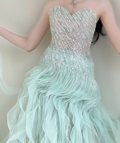Ethereal Strapless Green Prom Dress Beading Ruffles Sheath Evening Dress GG6190