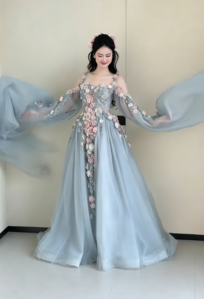 Chic Spaghetti Straps Blue Prom Dress Long Sleeve Appliques A-Line Evening Dress GG6192