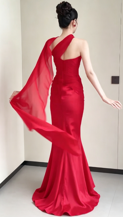 Retro Strapless Red Prom Dress With Scarf Satin Mermaid Evening Dress GG6193