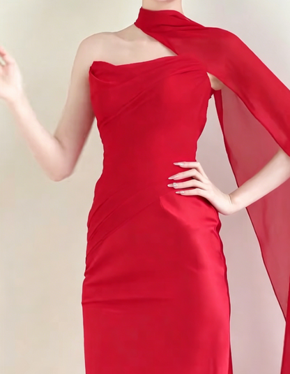 Retro Strapless Red Prom Dress With Scarf Satin Mermaid Evening Dress GG6193