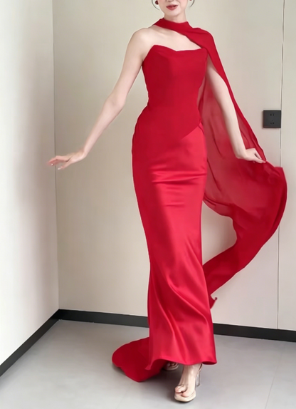 Retro Strapless Red Prom Dress With Scarf Satin Mermaid Evening Dress GG6193