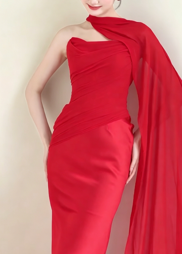 Retro Strapless Red Prom Dress With Scarf Satin Mermaid Evening Dress GG6193
