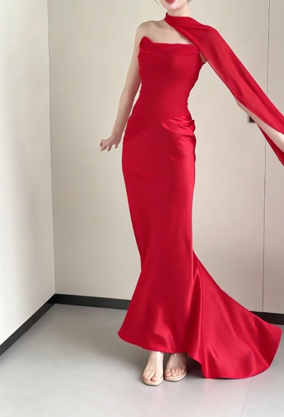 Retro Strapless Red Prom Dress With Scarf Satin Mermaid Evening Dress GG6193