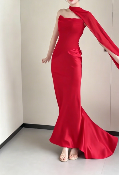 Retro Strapless Red Prom Dress With Scarf Satin Mermaid Evening Dress GG6193