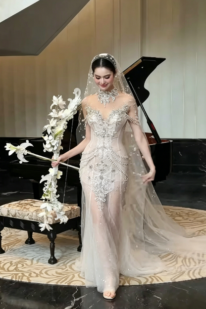 Glamorous High Collar Beading Wedding Dress Rhinestones Mermaid Bridal Dress GG6200