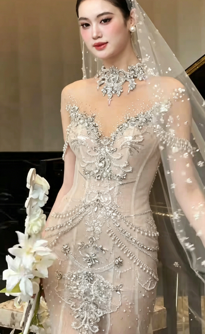 Glamorous High Collar Beading Wedding Dress Rhinestones Mermaid Bridal Dress GG6200