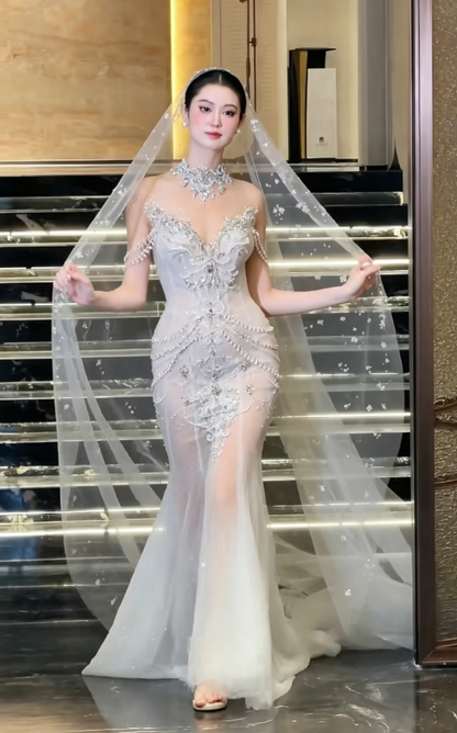 Glamorous High Collar Beading Wedding Dress Rhinestones Mermaid Bridal Dress GG6200