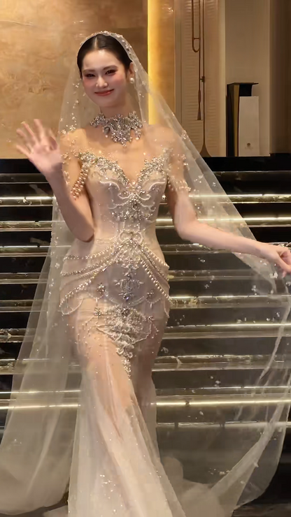 Glamorous High Collar Beading Wedding Dress Rhinestones Mermaid Bridal Dress GG6200