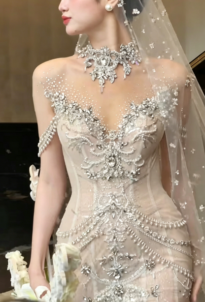 Glamorous High Collar Beading Wedding Dress Rhinestones Mermaid Bridal Dress GG6200