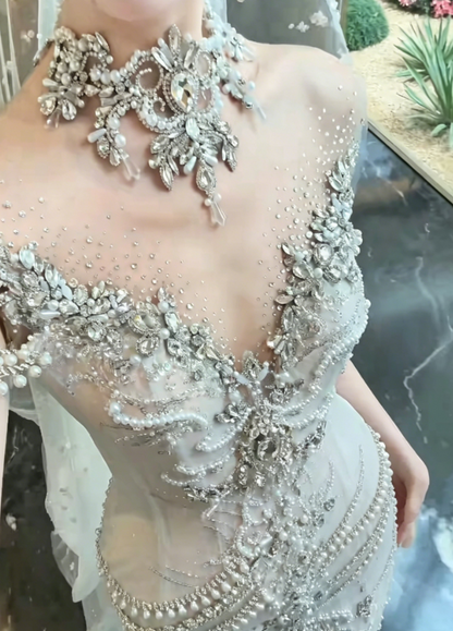 Glamorous High Collar Beading Wedding Dress Rhinestones Mermaid Bridal Dress GG6200