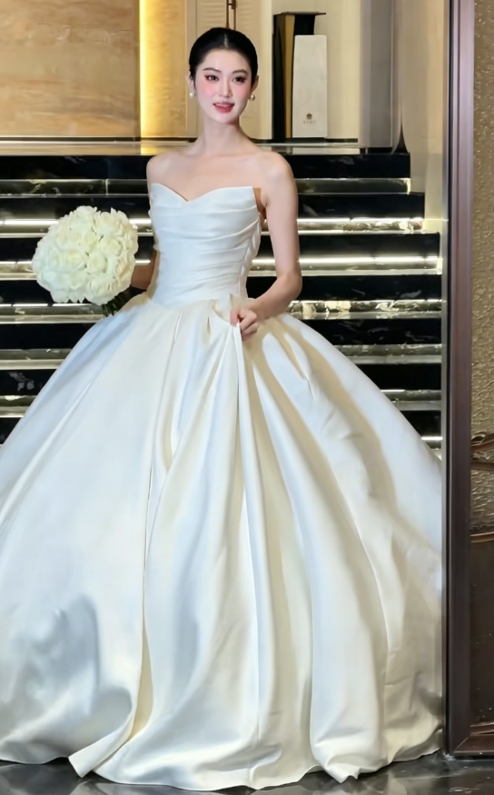 Classical Strapless Long Wedding Dress White Satin Bridal Dress GG6201
