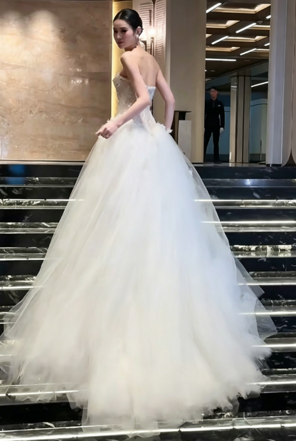 Glamorous Strapless Beading Long Wedding Dress White Tulle Bridal Dress GG6203
