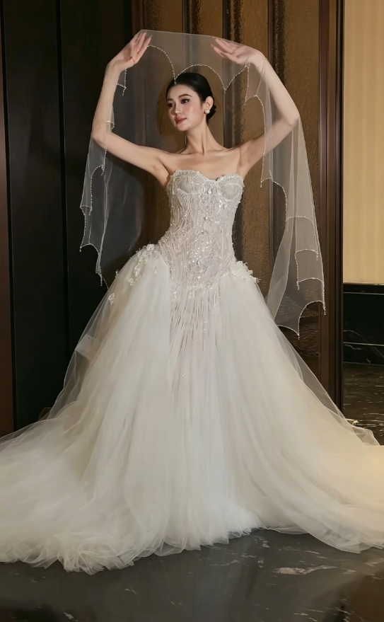 Glamorous Strapless Beading Long Wedding Dress White Tulle Bridal Dress GG6203