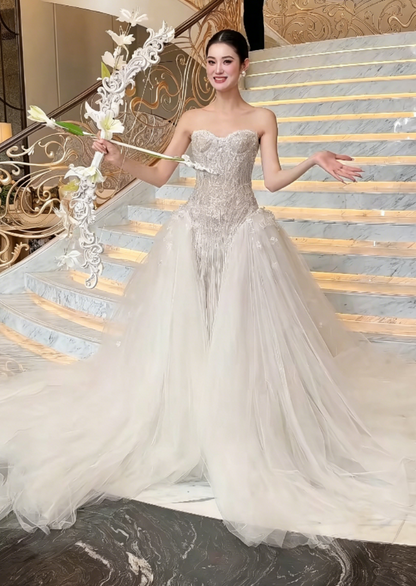 Glamorous Strapless Beading Long Wedding Dress White Tulle Bridal Dress GG6203