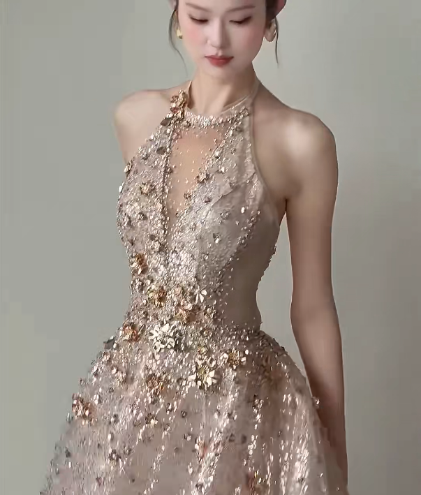 Sparkling Halter Neck Beige Prom Dress Beading Sequins A-Line Evening Dress GG6207