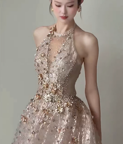 Sparkling Halter Neck Beige Prom Dress Beading Sequins A-Line Evening Dress GG6207