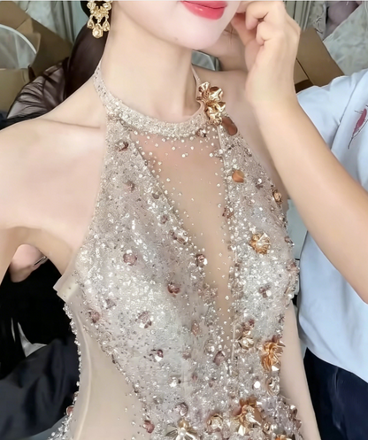 Sparkling Halter Neck Beige Prom Dress Beading Sequins A-Line Evening Dress GG6207
