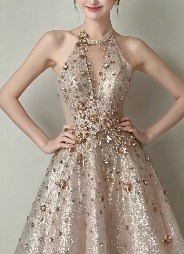 Sparkling Halter Neck Beige Prom Dress Beading Sequins A-Line Evening Dress GG6207