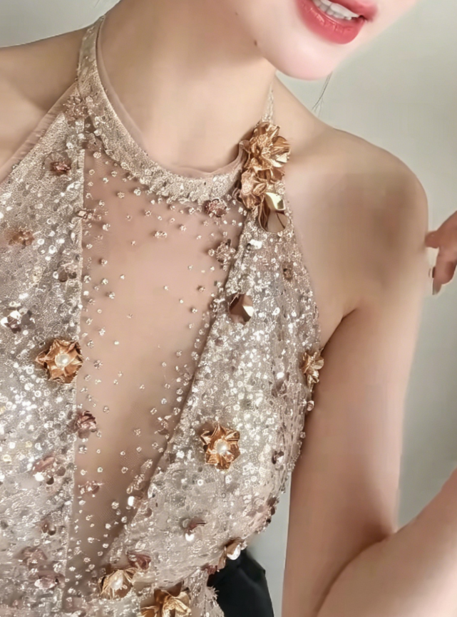 Sparkling Halter Neck Beige Prom Dress Beading Sequins A-Line Evening Dress GG6207