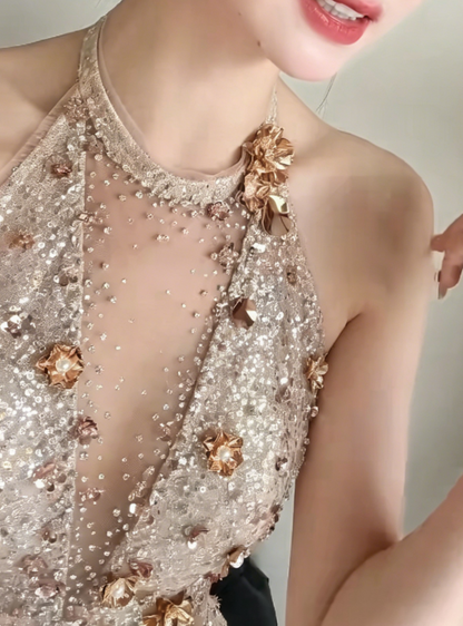 Sparkling Halter Neck Beige Prom Dress Beading Sequins A-Line Evening Dress GG6207
