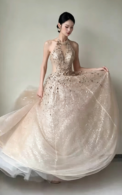 Sparkling Halter Neck Beige Prom Dress Beading Sequins A-Line Evening Dress GG6207