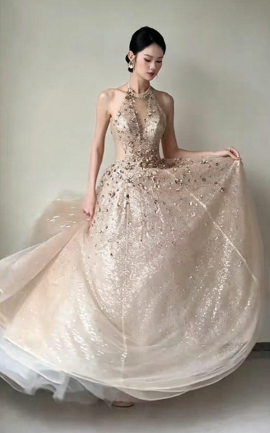 Sparkling Halter Neck Beige Prom Dress Beading Sequins A-Line Evening Dress GG6207