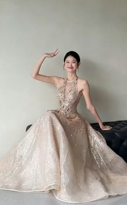 Sparkling Halter Neck Beige Prom Dress Beading Sequins A-Line Evening Dress GG6207