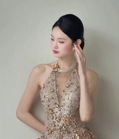 Sparkling Halter Neck Beige Prom Dress Beading Sequins A-Line Evening Dress GG6207