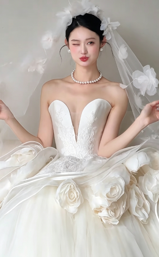 Chic Strapless Appliques Wedding Dress Handmade Flowers Tulle Bridal Dress GG6208