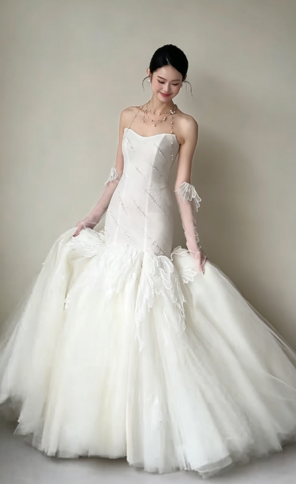 Elegant Strapless Beading Wedding Dress Appliques Mermaid Tulle Bridal Dress GG6210