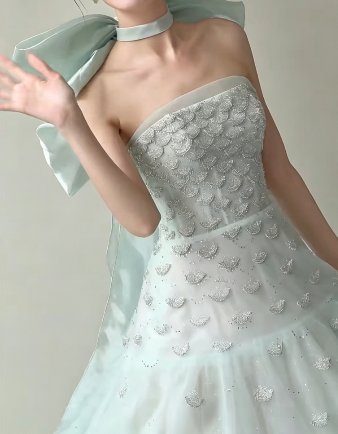 Dreamy Strapless Green Prom Dress Sequins Tulle A-Line Evening Dress GG6211