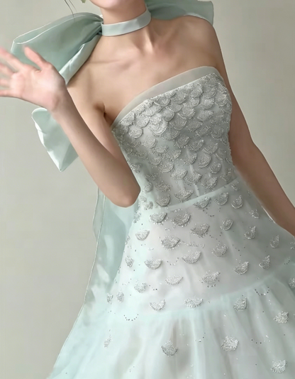 Dreamy Strapless Green Prom Dress Sequins Tulle A-Line Evening Dress GG6211