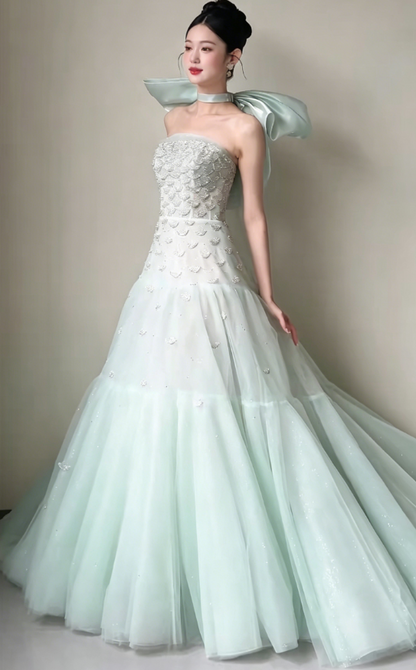 Dreamy Strapless Green Prom Dress Sequins Tulle A-Line Evening Dress GG6211