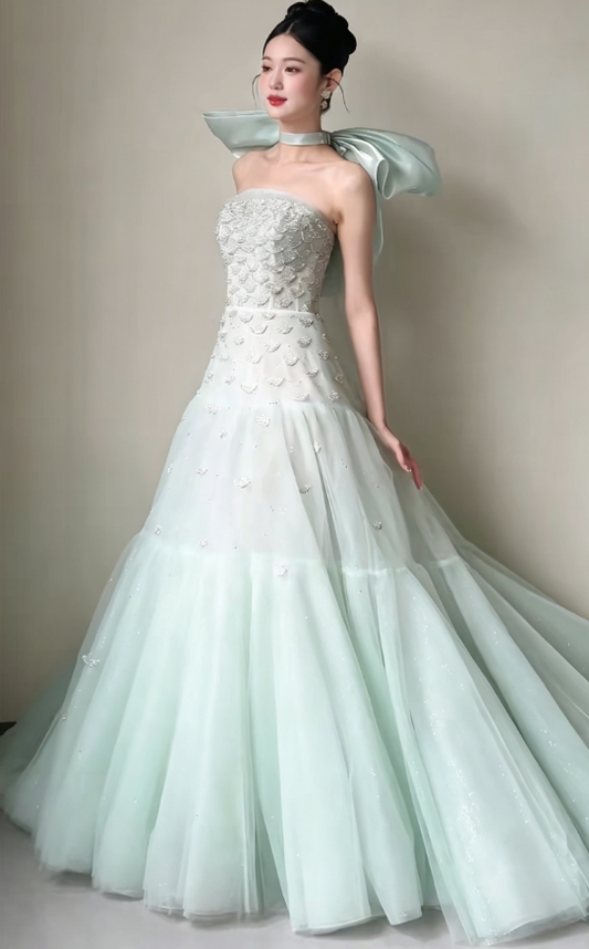 Dreamy Strapless Green Prom Dress Sequins Tulle A-Line Evening Dress GG6211