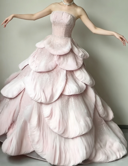 Ethereal Strapless Pink Prom Dress Sequins Tiered A-Line Evening Dress GG6212