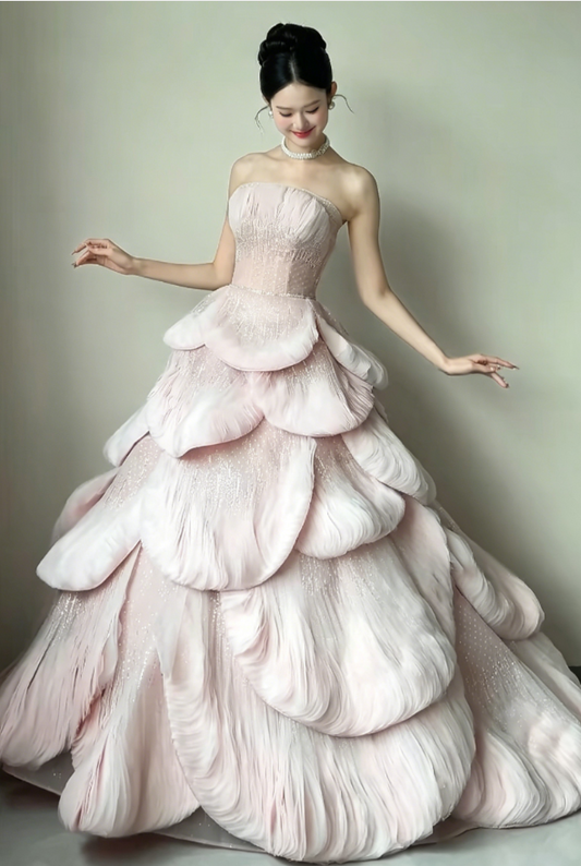 Ethereal Strapless Pink Prom Dress Sequins Tiered A-Line Evening Dress GG6212