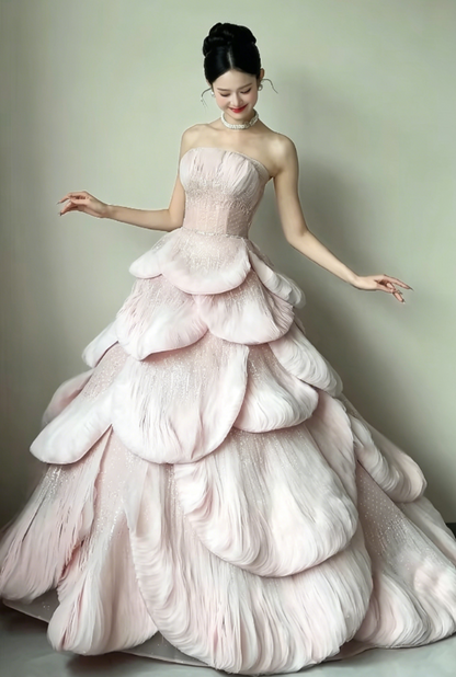 Ethereal Strapless Pink Prom Dress Sequins Tiered A-Line Evening Dress GG6212