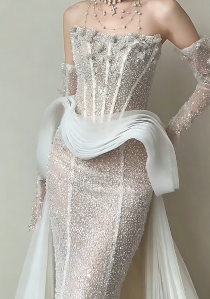 Exquisite Strapless Beading Wedding Dress Tulle Mermaid Tulle Bridal Dress GG6213