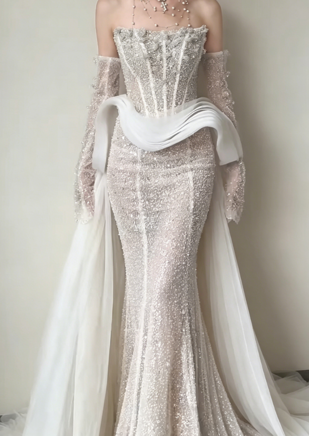 Exquisite Strapless Beading Wedding Dress Tulle Mermaid Tulle Bridal Dress GG6213
