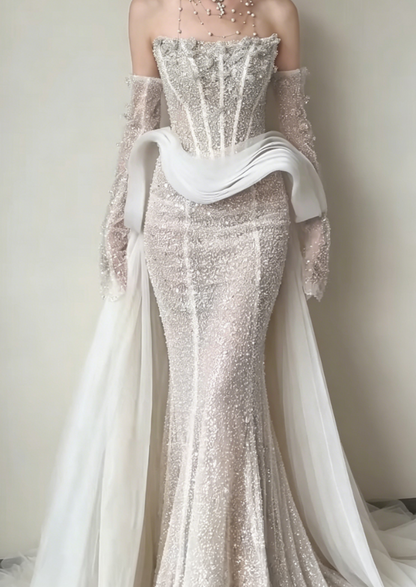 Exquisite Strapless Beading Wedding Dress Tulle Mermaid Tulle Bridal Dress GG6213