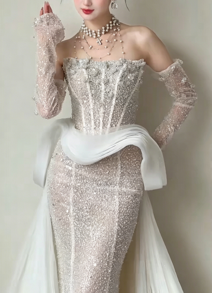 Exquisite Strapless Beading Wedding Dress Tulle Mermaid Tulle Bridal Dress GG6213