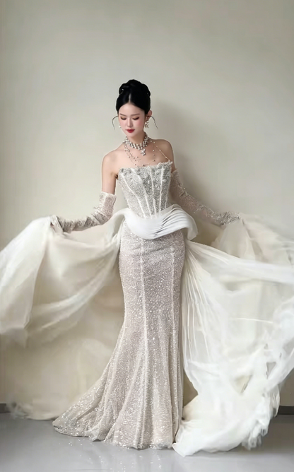 Exquisite Strapless Beading Wedding Dress Tulle Mermaid Tulle Bridal Dress GG6213