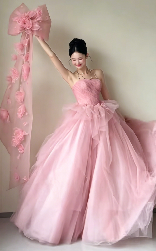 Charming Strapless Pink Prom Dress Appliques Bow A-Line Evening Dress GG6214