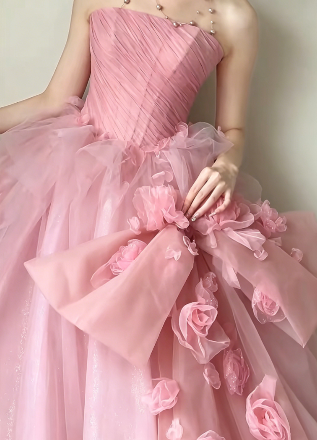 Charming Strapless Pink Prom Dress Appliques Bow A-Line Evening Dress GG6214