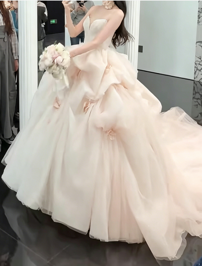 Elegant Strapless Long Wedding Dress Appliques Tulle Bridal Dress GG6219