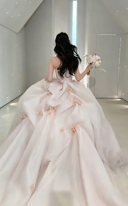 Elegant Strapless Long Wedding Dress Appliques Tulle Bridal Dress GG6219