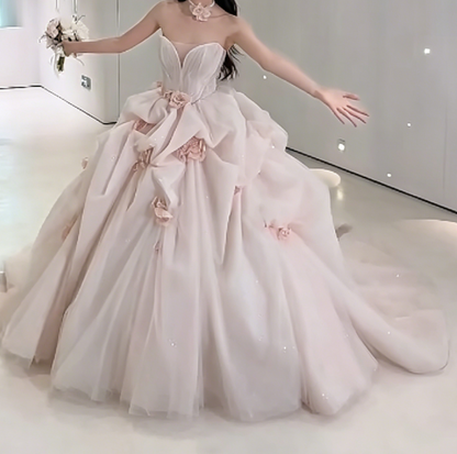 Elegant Strapless Long Wedding Dress Appliques Tulle Bridal Dress GG6219
