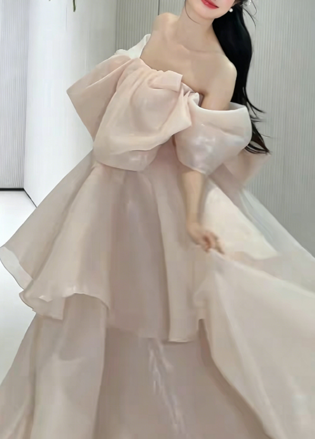 Ethereal Off-Shoulder Pink Prom Dress Satin A-Line Tiered Evening Dress GG6220