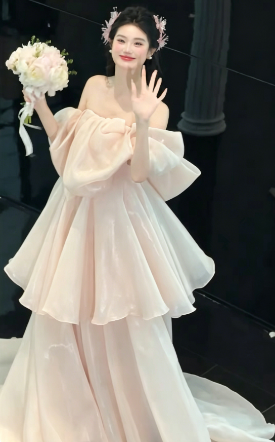 Ethereal Off-Shoulder Pink Prom Dress Satin A-Line Tiered Evening Dress GG6220