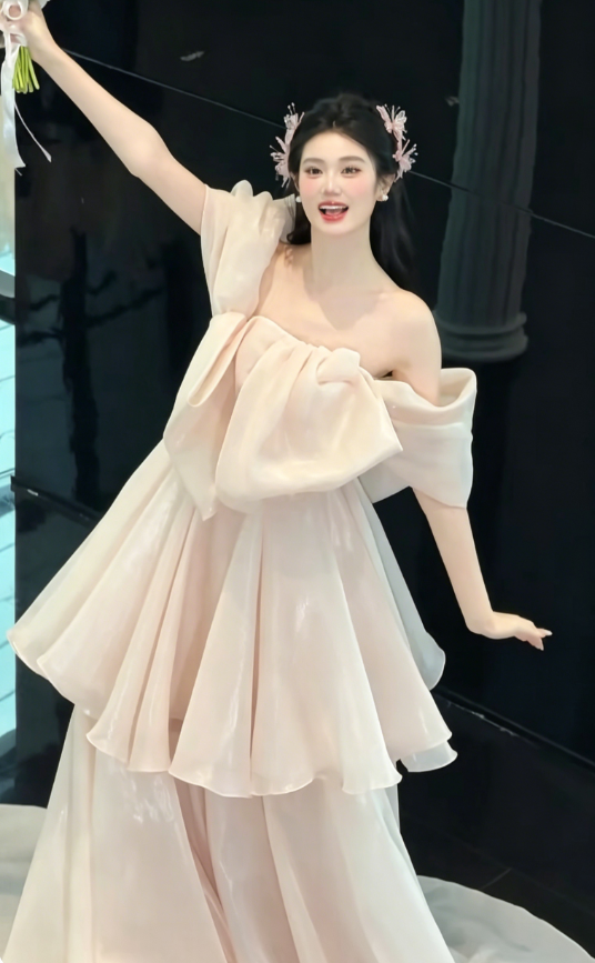 Ethereal Off-Shoulder Pink Prom Dress Satin A-Line Tiered Evening Dress GG6220
